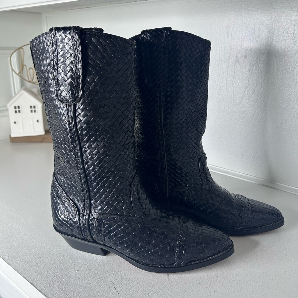 **SOLD**Cole Haan Bragano Woven Leather Western Boots Women’s 7M Black Vintage - Picture 2 of 7